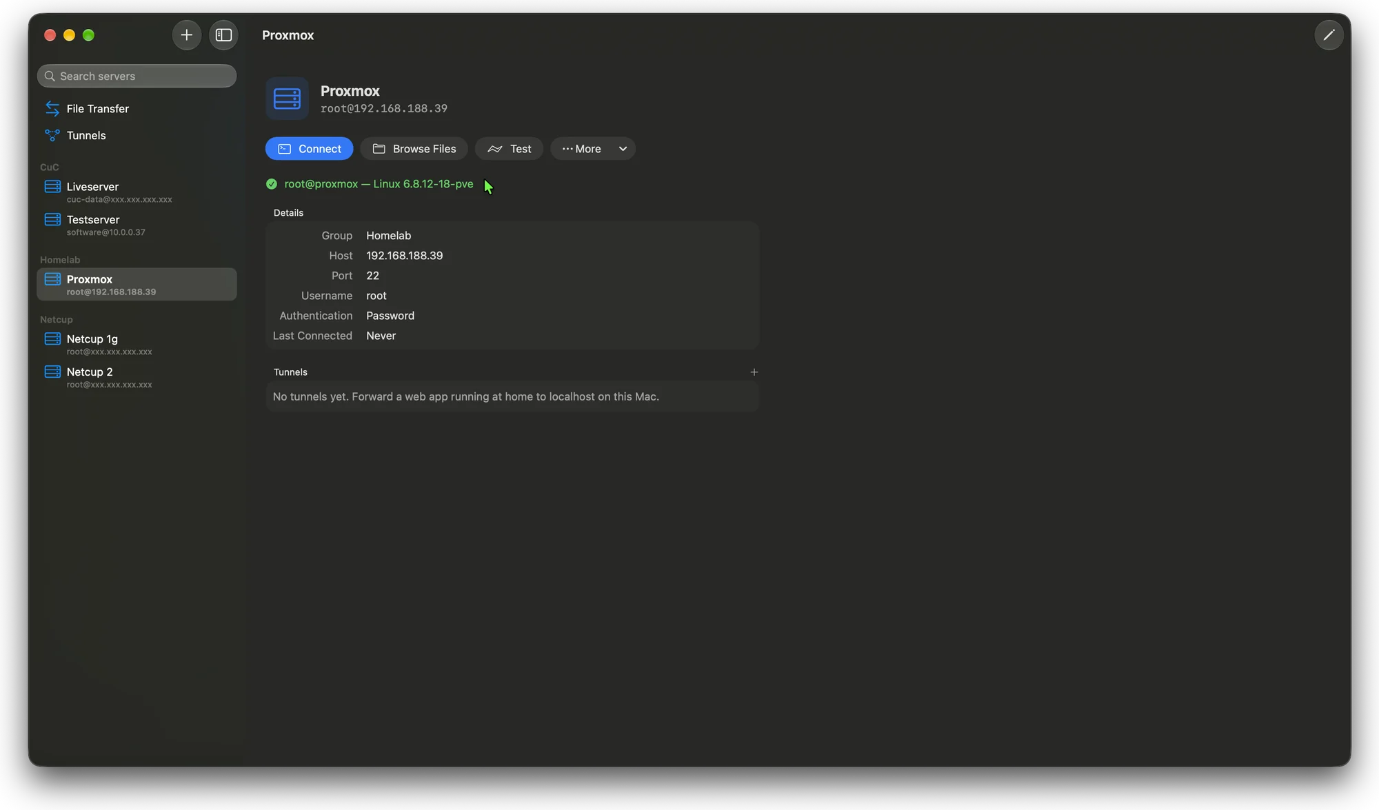 Main window with grouped servers in the sidebar and the detail view of the Proxmox server after a successful connection test
