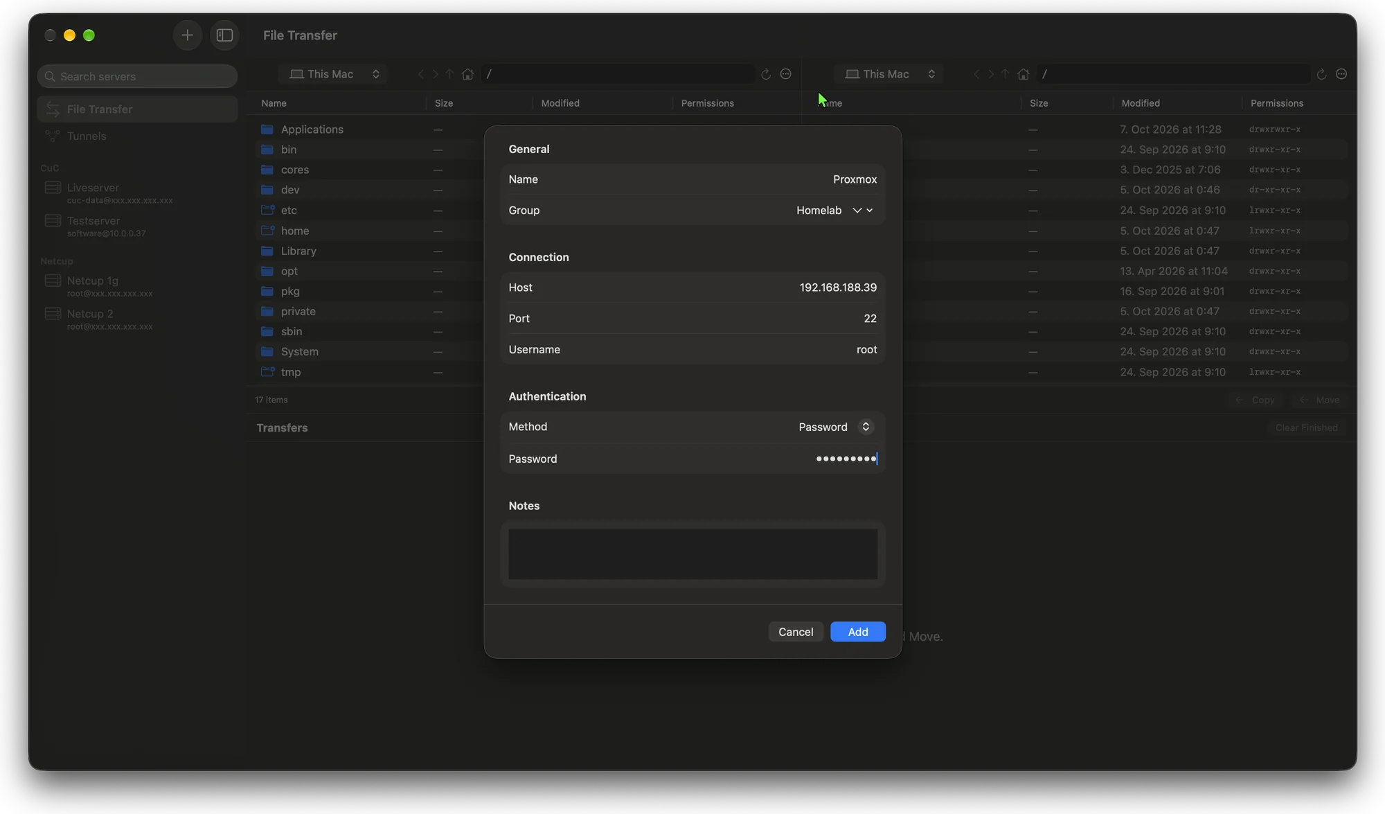 Server editor sheet with General, Connection, Authentication and Notes sections