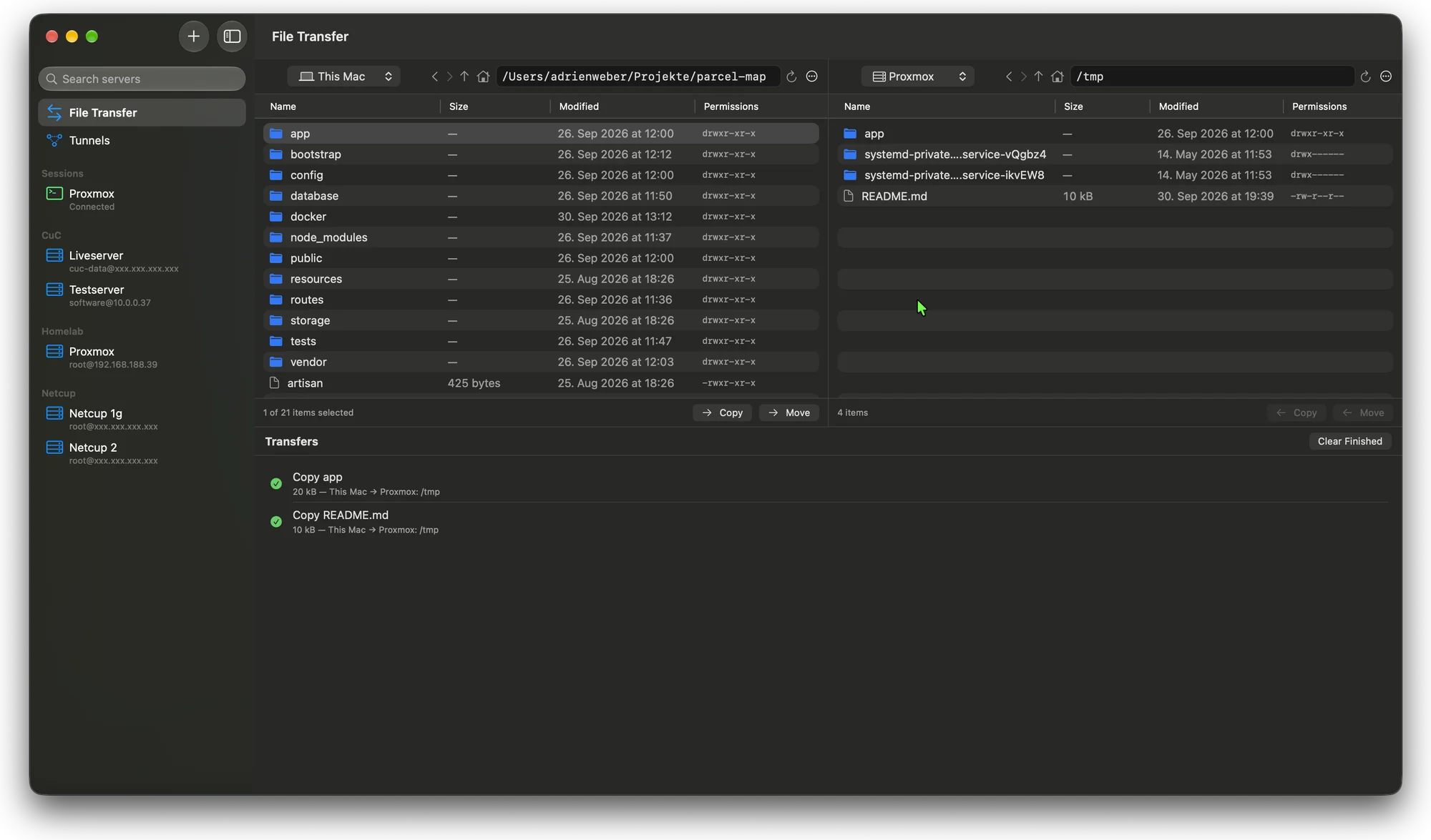 Two-pane file manager with This Mac on the left and the Proxmox server on the right, with two finished transfers below