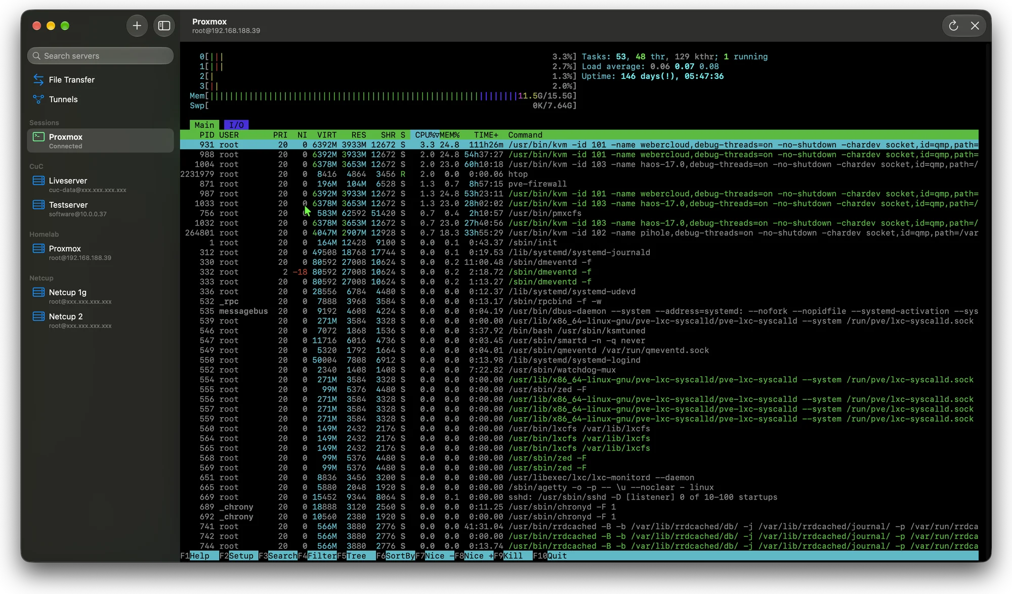 Built-in terminal running htop on the Proxmox host, with the session listed under Sessions in the sidebar