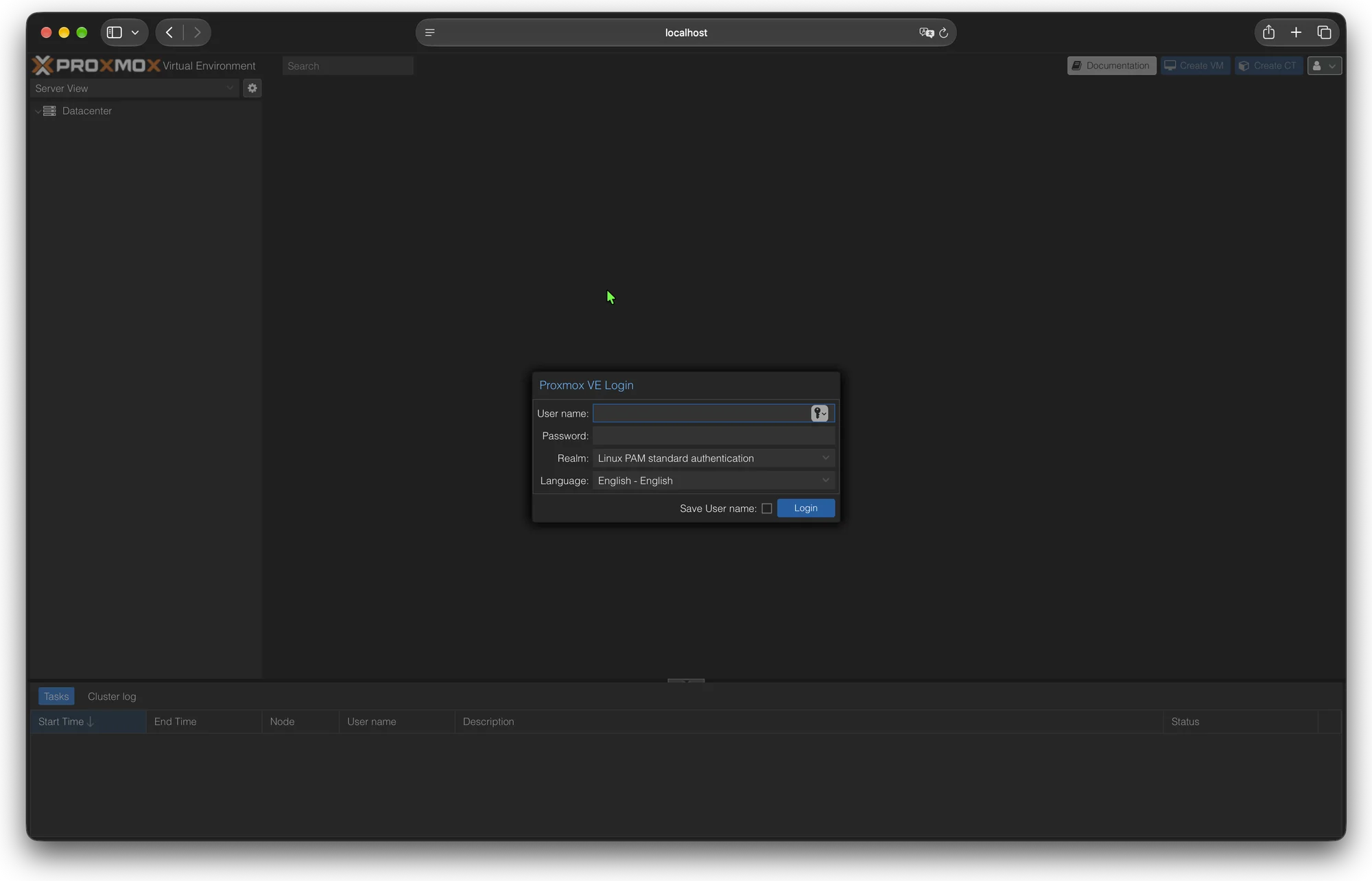 Proxmox VE login page loaded from localhost in Safari through the tunnel