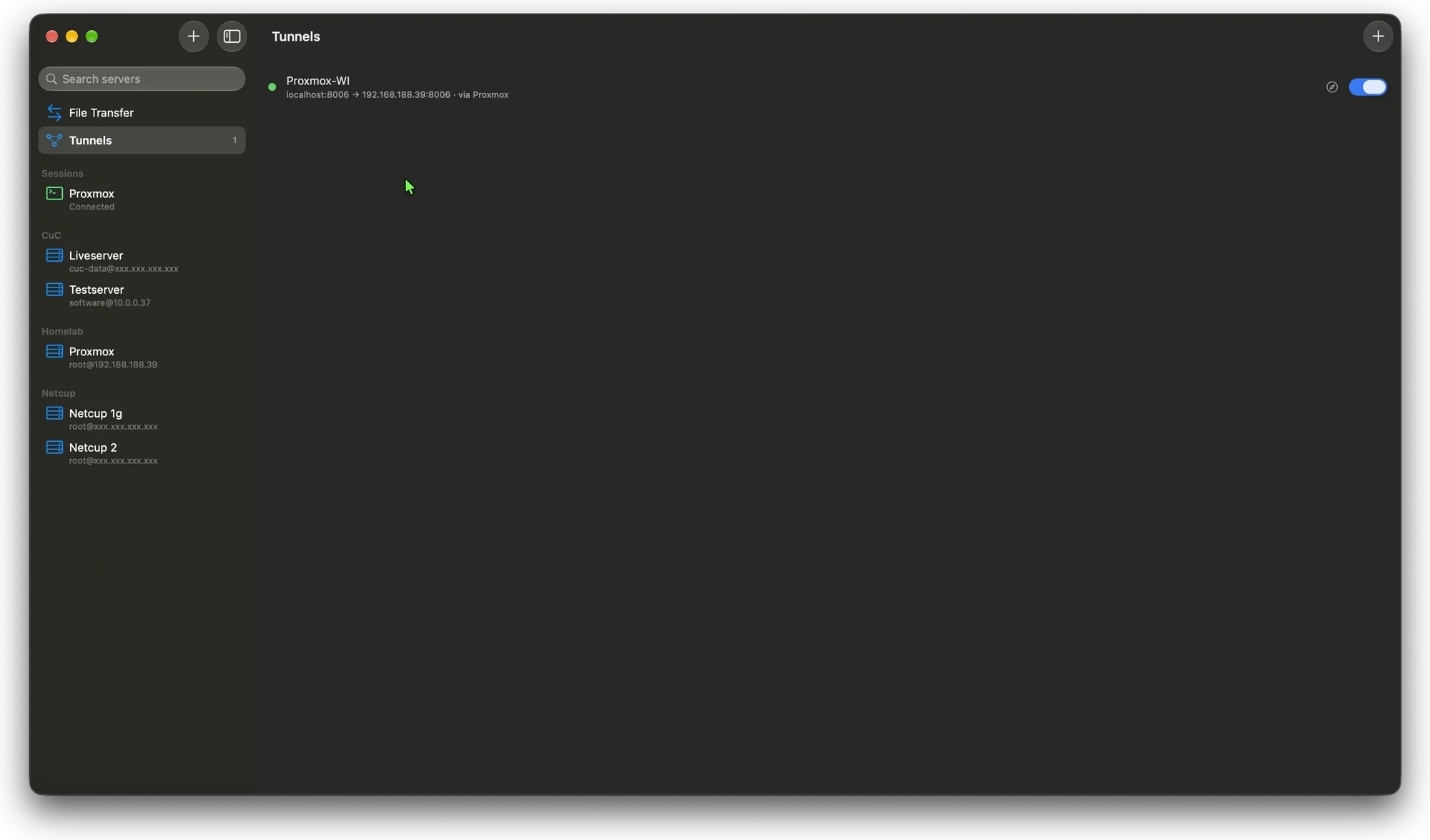 Tunnels view with an active tunnel forwarding localhost:8006 to the Proxmox host